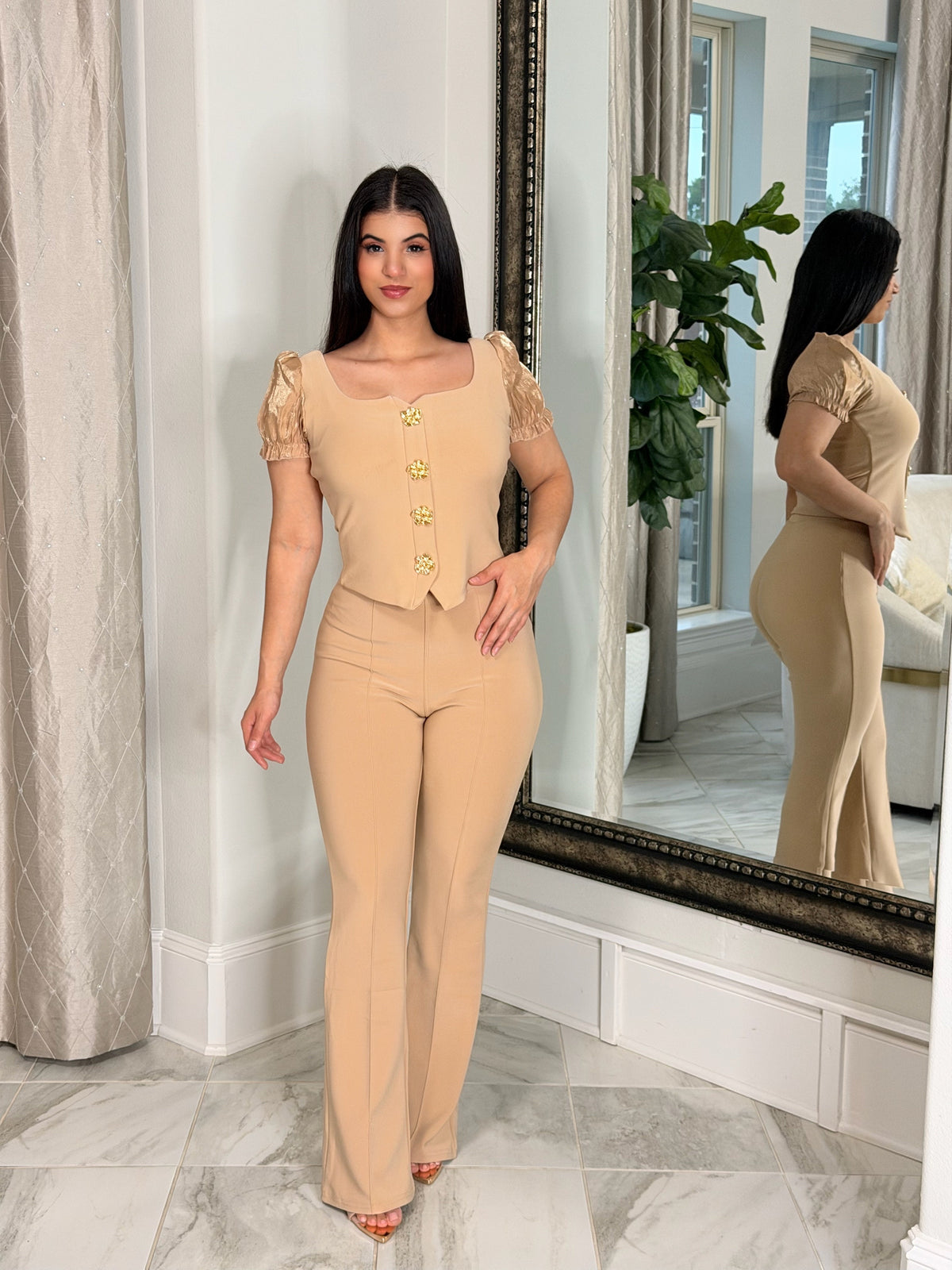 Set Elegante Beige – Blusa & Pantalón Entallado