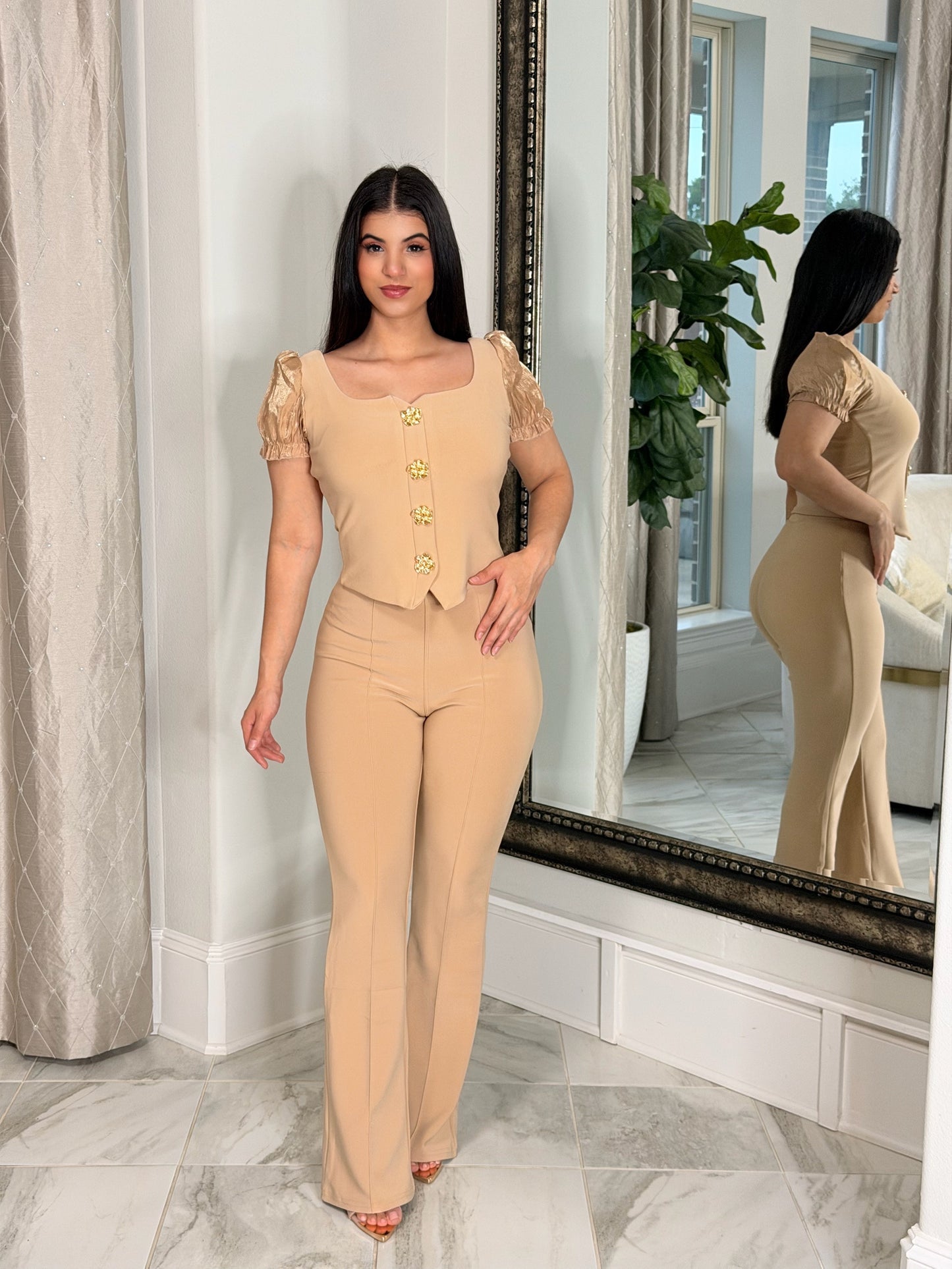 Set Elegante Beige – Blusa & Pantalón Entallado